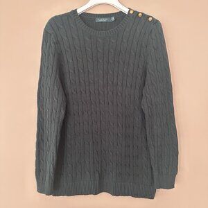 Lauren Ralph Lauren Women 1X Hunter Green Cable Knit Sweater Gold Buttons Preppy